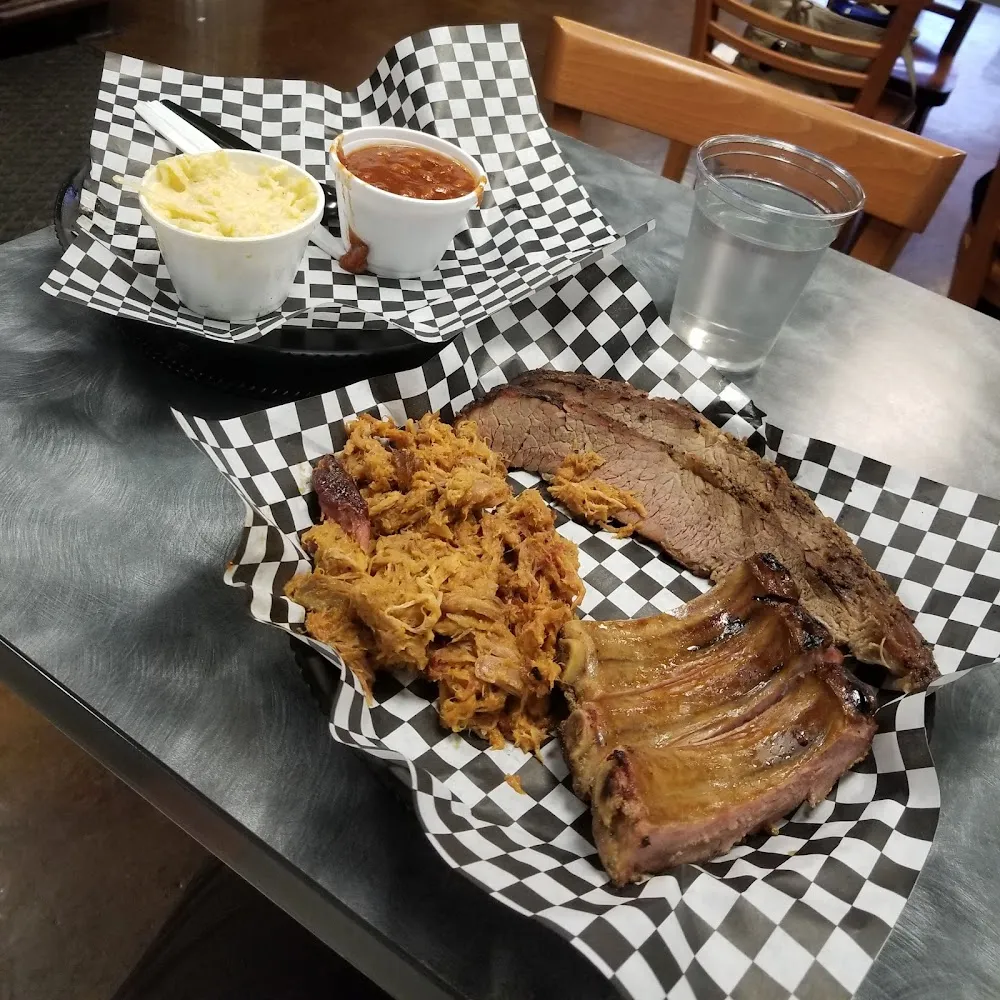 Pulled Pork Beef Brisket Ribs Baked Beans Cheesy Potatoes